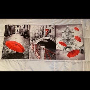 Cable-Bridge Red Umbrella Rain Scene